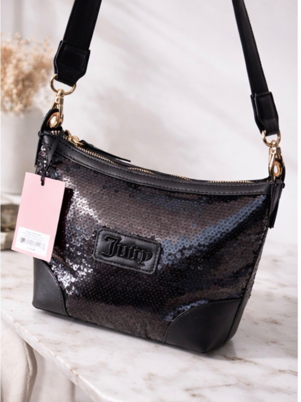 Juicy Couture Blank Canvas Sequin Hobo Bag NWT Black Liquorice Glam Y2K Luxury